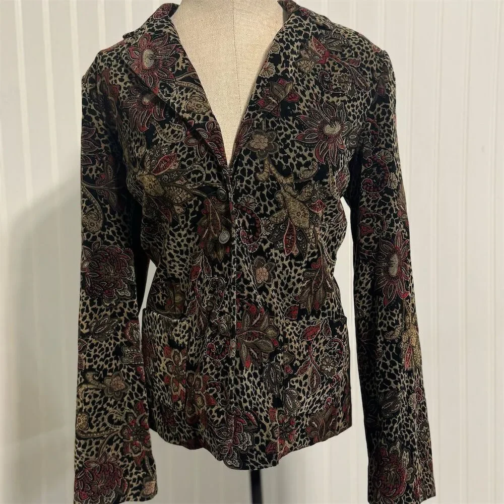 Script Size 10 Velvet Blazer‎ Burnout Floral Leopard Print Jacket Black Red Tan